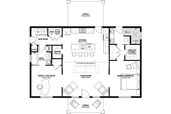 Floor Plan - Main Floor for Farmhouse House Plan #126-238 - 2 bed, 2 bath