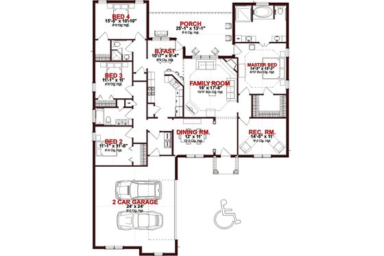 Floor Plan - Main Floor for Ranch House Plan #63-253 - 4 bed, 2.5 bath
