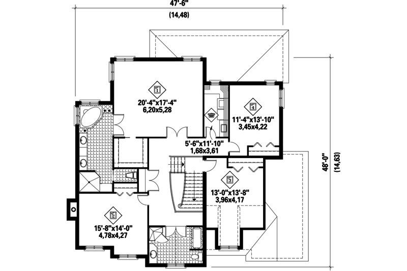 House Blueprint - Floor Plan - Upper Floor for European House Plan #25-4630 - 4 bed, 2 bath