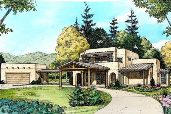 Exterior - Front Elevation for Adobe / Southwestern House Plan #140-142 - 4 bed, 2.5 bath