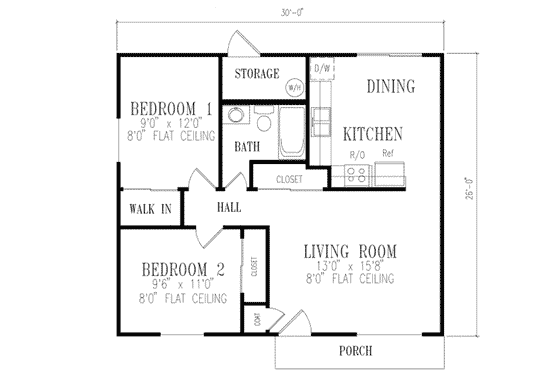Floor Plan - Main Floor for Ranch House Plan #1-109 - 2 bed, 1 bath