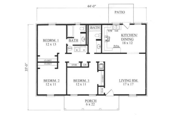 Floor Plan - Main Floor for Traditional House Plan #14-248 - 3 bed, 2 bath