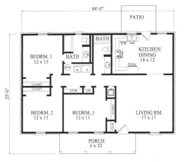 Traditional Style House Plan - 3 Beds 2 Baths 1276 Sq/Ft Plan #14-248 ...