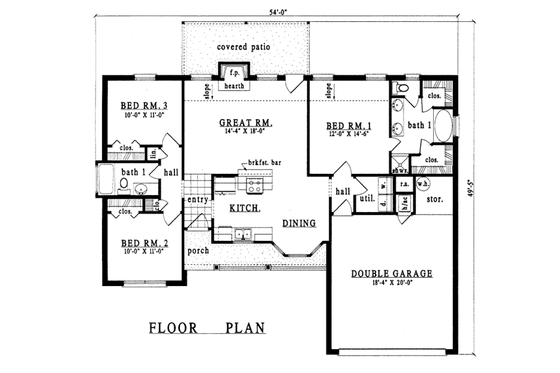 Floor Plan - Main Floor for Ranch House Plan #42-185 - 3 bed, 2 bath