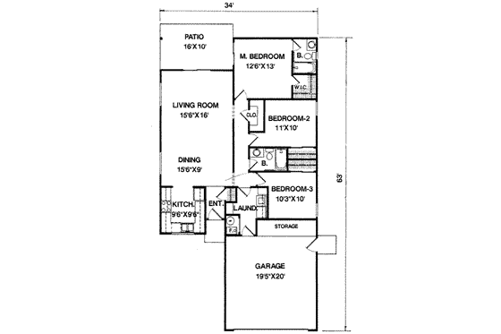 Floor Plan - Main Floor for Ranch House Plan #116-205 - 3 bed, 2 bath