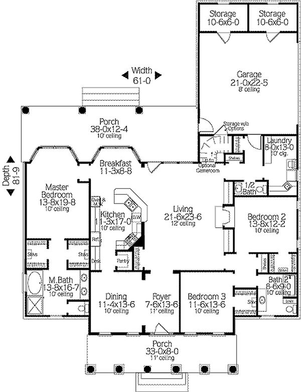 Southern colonial style house plan, main level floor plan