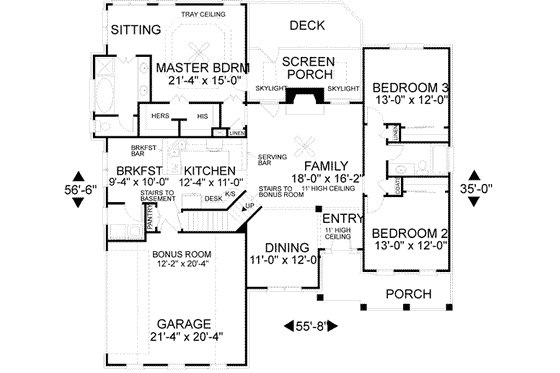 Floor Plan - Main Floor for Ranch House Plan #56-141 - 3 bed, 2 bath