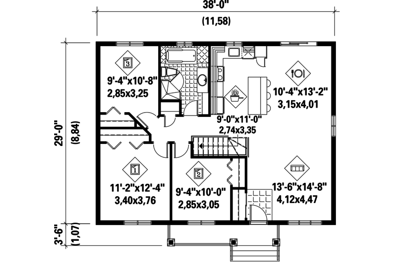 Architectural House Design - Floor Plan - Main Floor for Country House Plan #25-4402 - 3 bed, 1 bath