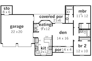 Floor Plan - Main Floor for Ranch House Plan #16-288 - 2 bed, 2 bath