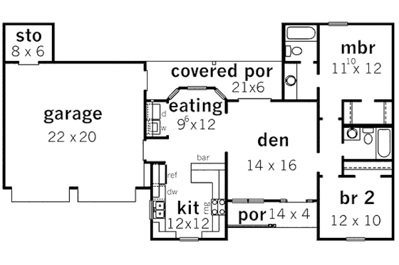 Floor Plan - Main Floor for Ranch House Plan #16-288 - 2 bed, 2 bath