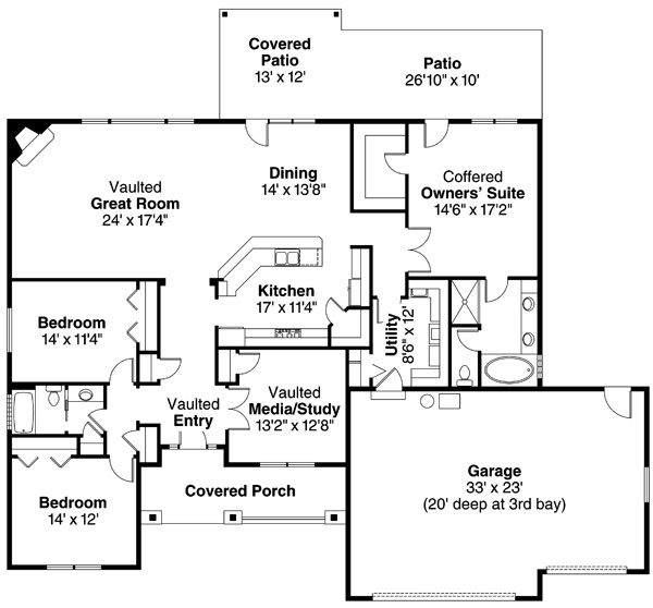 Ranch Style House Plan - 3 Beds 2 Baths 2316 Sq/Ft Plan #124-826 ...