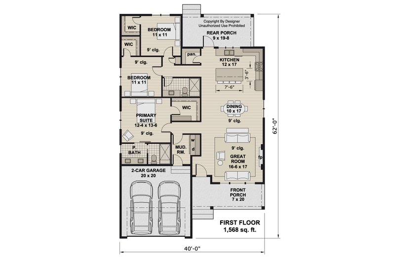 House Design - Floor Plan - Main Floor for Farmhouse House Plan #51-1398 - 3 bed, 2 bath