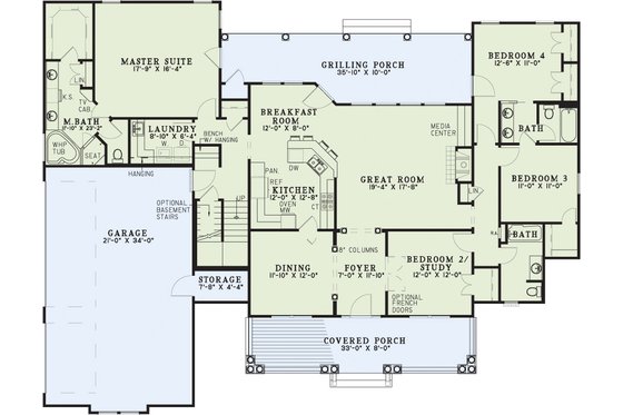 Country house plan with covered porch, floor plan