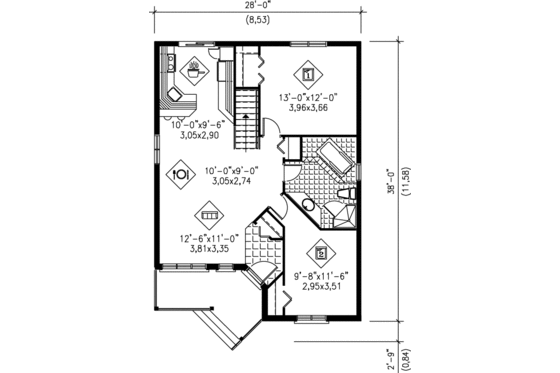 Floor Plan - Main Floor for Traditional House Plan #25-1012 - 2 bed, 1 bath