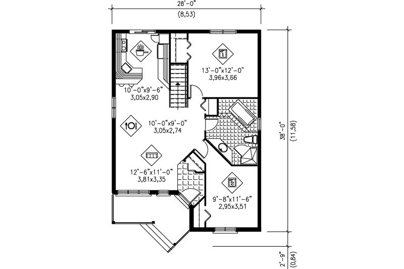 House Blueprint - Floor Plan - Main Floor for Traditional House Plan #25-1012 - 2 bed, 1 bath