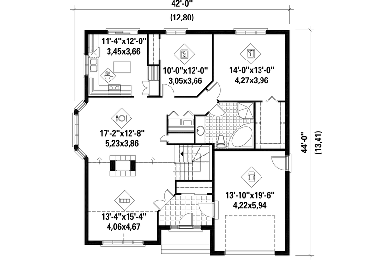 House Design - Floor Plan - Main Floor for European House Plan #25-4651 - 2 bed, 1 bath