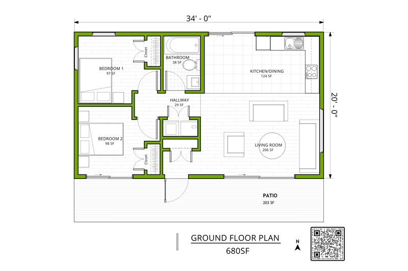 House Blueprint - Floor Plan - Main Floor for Contemporary House Plan #1106-1 - 2 bed, 1 bath