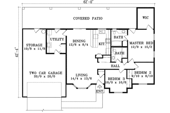 Floor Plan - Main Floor for Ranch House Plan #1-1205 - 3 bed, 2 bath