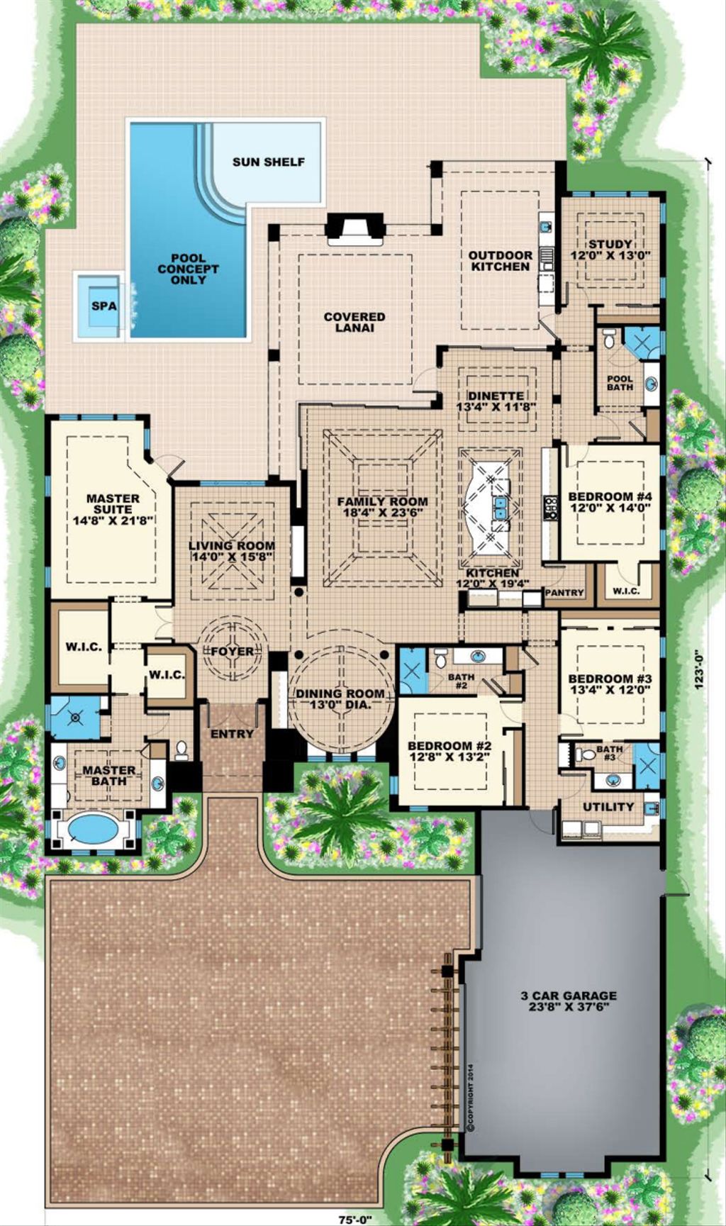Mediterranean Style House Plan - 4 Beds 4 Baths 3869 Sq/Ft Plan #27-553 ...