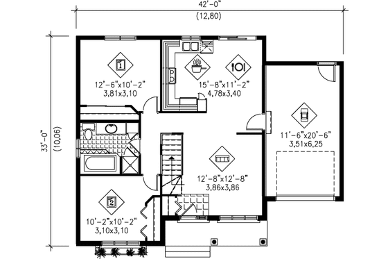 Floor Plan - Main Floor for Ranch House Plan #25-1137 - 2 bed, 1 bath