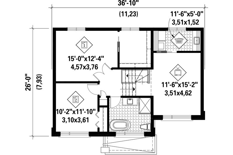 House Blueprint - Floor Plan - Upper Floor for Contemporary House Plan #25-4512 - 2 bed, 1 bath