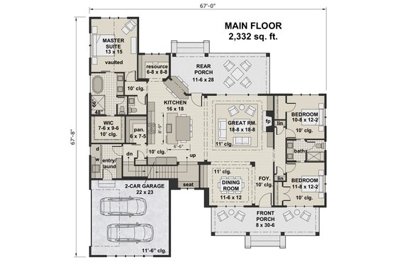 Floor Plan - Main Floor for Farmhouse House Plan #51-1141 - 3 bed, 2.5 bath