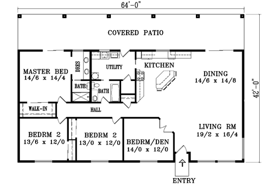 Floor Plan - Main Floor for Adobe / Southwestern House Plan #1-1407 - 4 bed, 2 bath