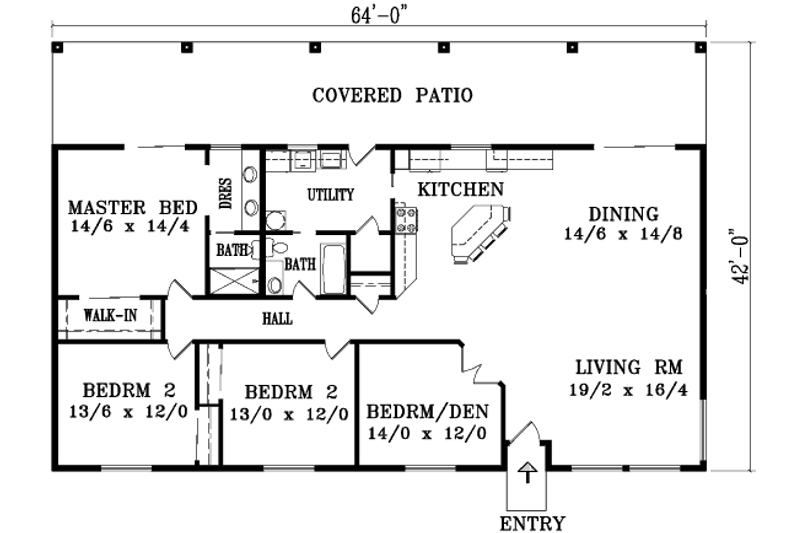 Architectural House Design - Floor Plan - Main Floor for Adobe / Southwestern House Plan #1-1407 - 4 bed, 2 bath