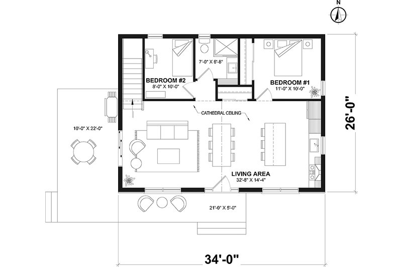 Architectural House Design - Floor Plan - Main Floor for Cottage House Plan #23-2887 - 2 bed, 1 bath