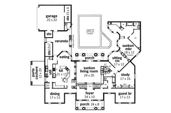 Floor Plan - Main Floor for Southern House Plan #45-176 - 4 bed, 5 bath