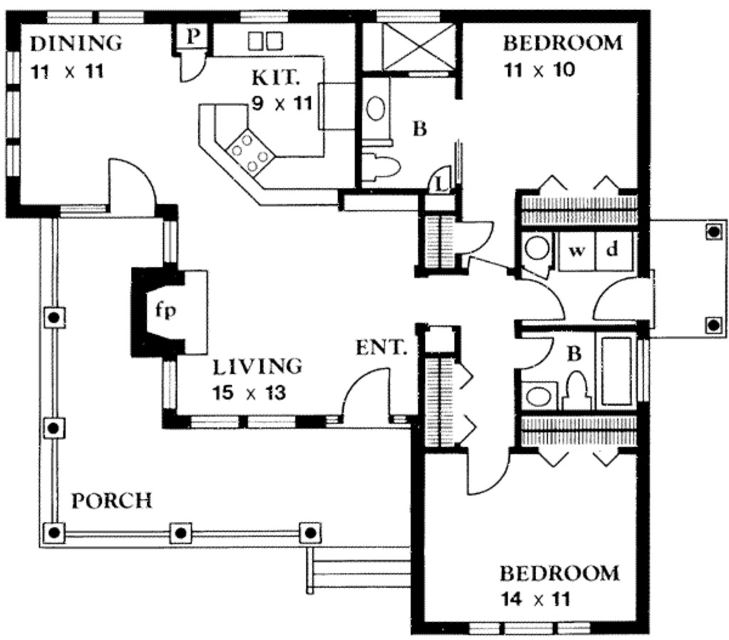 Country Style House Plan - 2 Beds 2 Baths 1065 Sq/Ft Plan #140-131