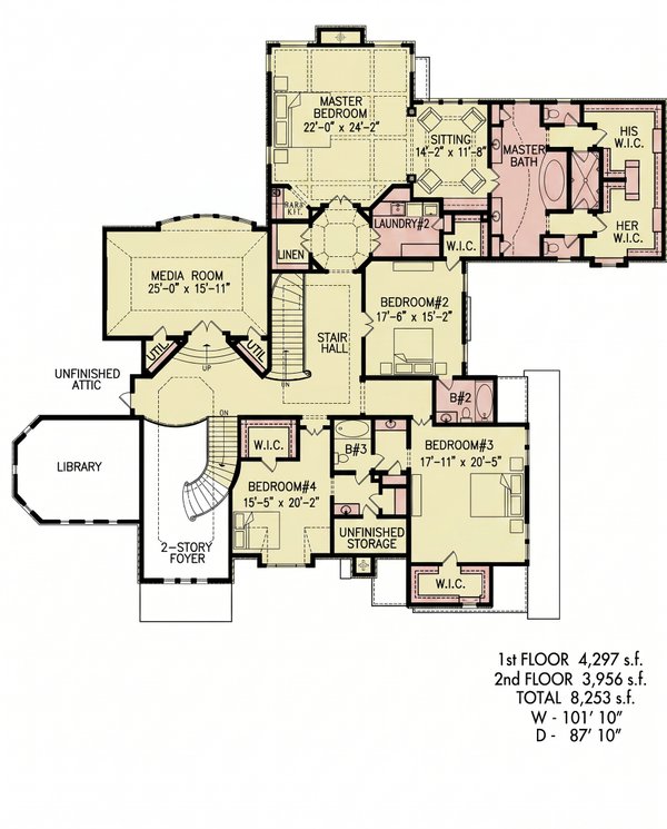 Floor Plan - Upper Floor for Classical House Plan #54-701 - 5 bed, 4.5 bath