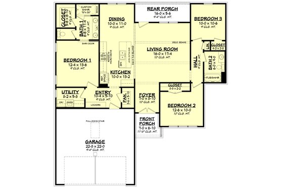 Floor Plan - Main Floor for Farmhouse House Plan #430-253 - 3 bed, 2 bath