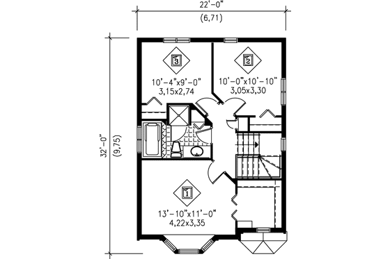 Floor Plan - Upper Floor for European House Plan #25-2033 - 3 bed, 1.5 bath