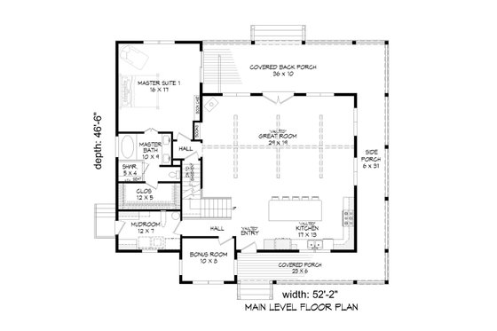 Floor Plan - Main Floor for Farmhouse House Plan #932-34 - 3 bed, 2 bath