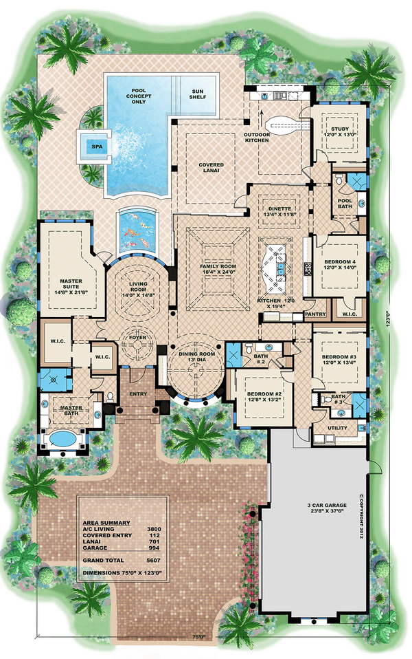 Mediterranean house plan, main level floor plan