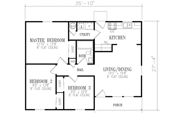 Floor Plan - Main Floor for Ranch House Plan #1-129 - 3 bed, 1 bath