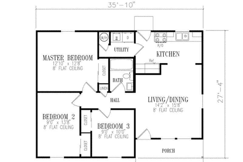 Dream House Plan - Floor Plan - Main Floor for Ranch House Plan #1-129 - 3 bed, 1 bath