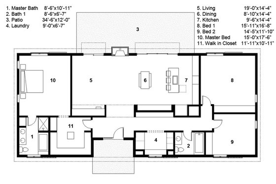 Floor Plan - Main Floor for Ranch House Plan #497-50 - 3 bed, 2 bath