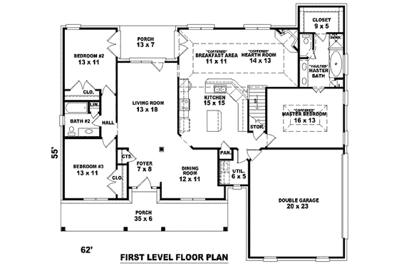 Floor Plan - Main Floor for Southern House Plan #81-1031 - 3 bed, 2 bath