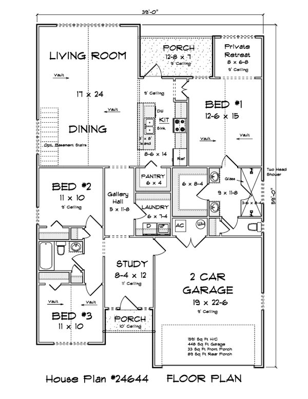 House Blueprint - Floor Plan - Main Floor for Cottage House Plan #513-2437 - 3 bed, 2 bath