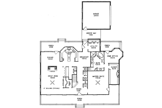 Floor Plan - Main Floor for Country House Plan #14-201 - 4 bed, 3.5 bath