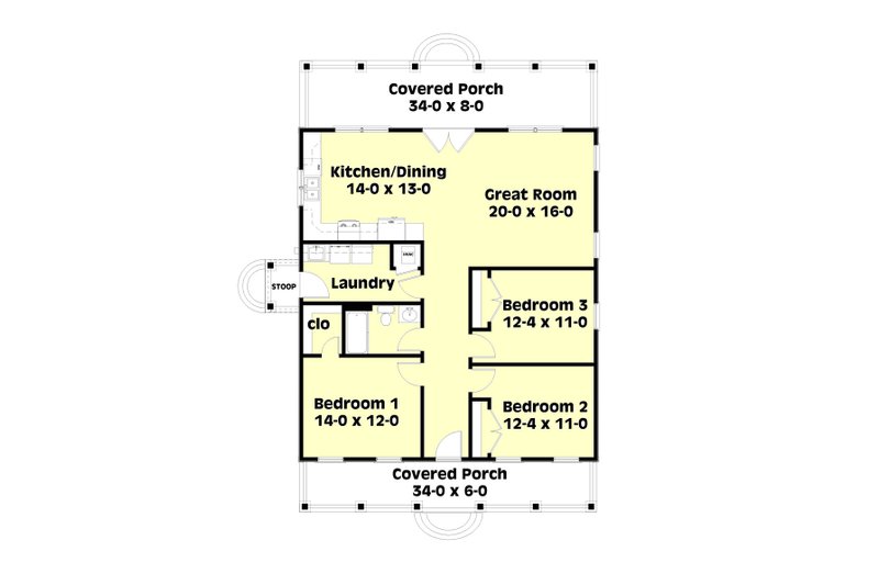 House Blueprint - Floor Plan - Main Floor for Cottage House Plan #44-166 - 3 bed, 1 bath
