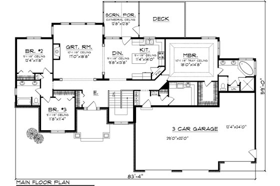 Floor Plan - Main Floor for Ranch House Plan #70-1118 - 3 bed, 2 bath