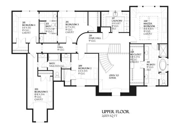 European style house plan, upper level floor plan
