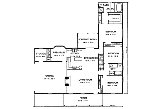Floor Plan - Main Floor for Ranch House Plan #10-136 - 3 bed, 2 bath