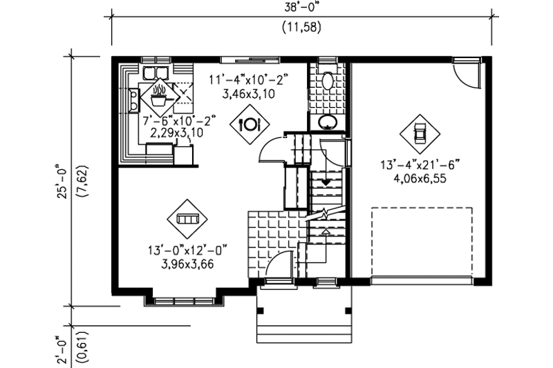 House Blueprint - Floor Plan - Main Floor for Traditional House Plan #25-250 - 2 bed, 1.5 bath