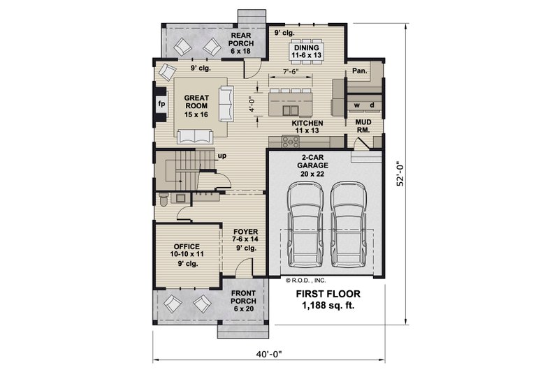 House Blueprint - Floor Plan - Main Floor for Farmhouse House Plan #51-1354 - 3 bed, 2.5 bath