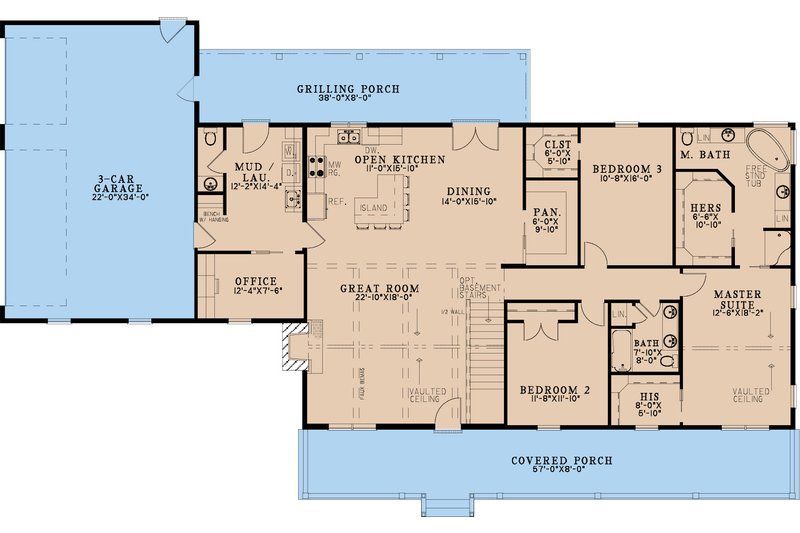 House Blueprint - Floor Plan - Main Floor for Farmhouse House Plan #923-339 - 3 bed, 2.5 bath
