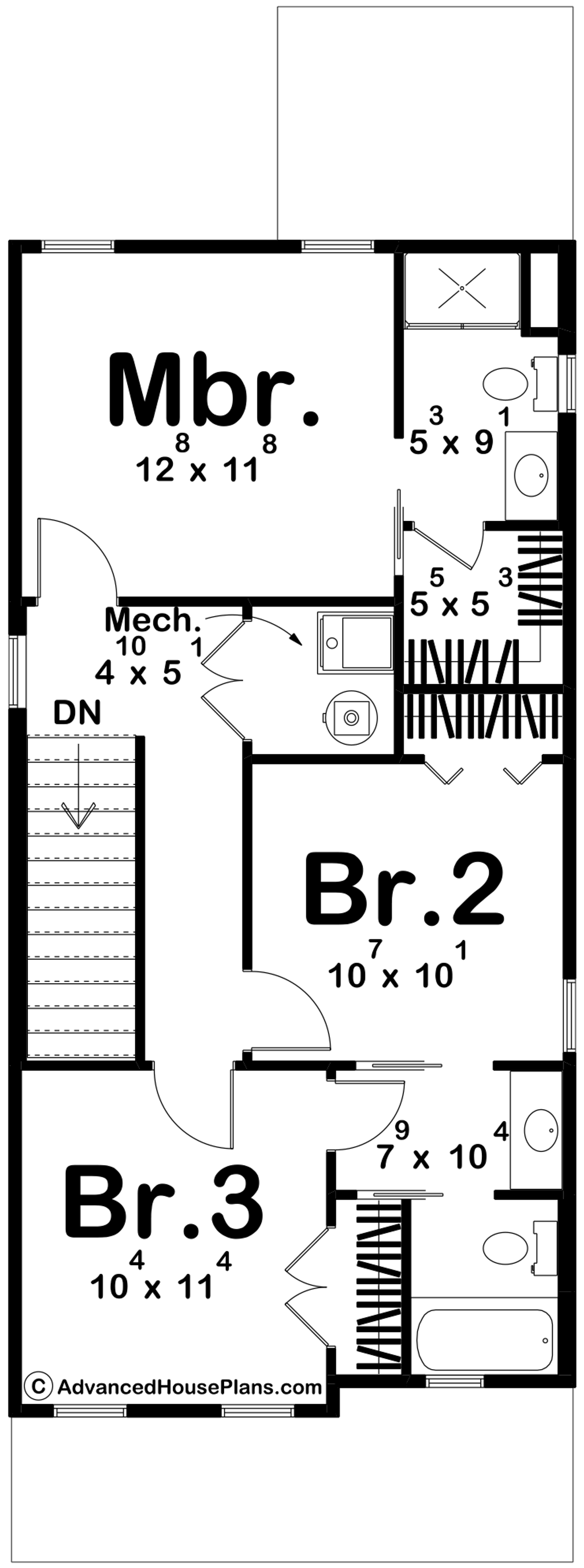 Small house plan under 1,500 sq. ft., second level floor plan.